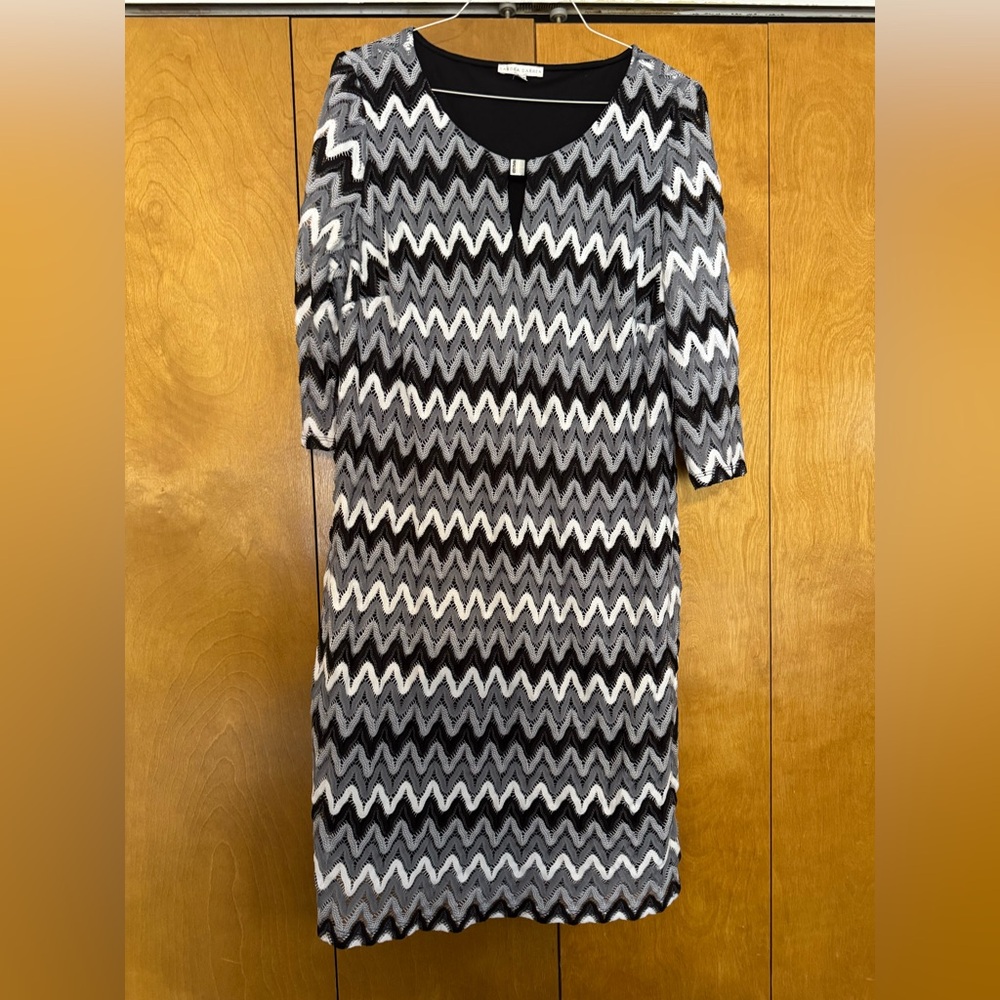 CLEARANCE Sandra Darren Zigzag Long Sleeve Dress in Black and Gray